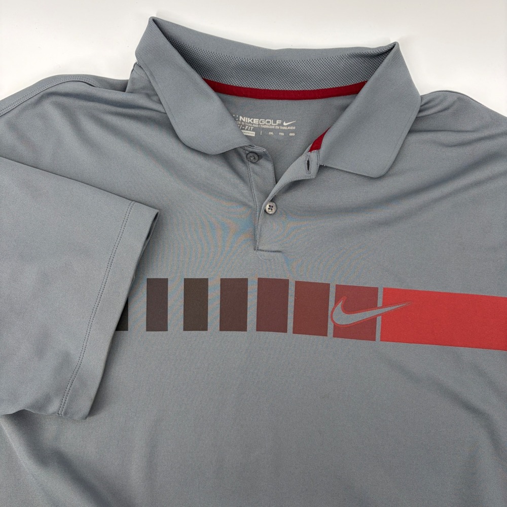 Nike Golf Mens XXL Dri-Fit Polo Golf Shirt Grey Red Graphic Stripe Performance